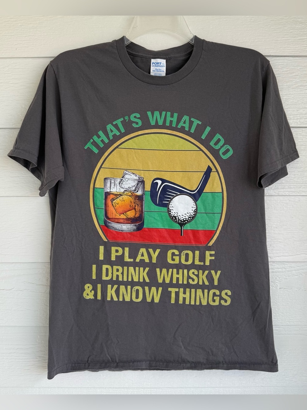 I Play Golf, I Drink Whisky, I Know Things Gray Graphic Tee - Yellow/Green/Red L